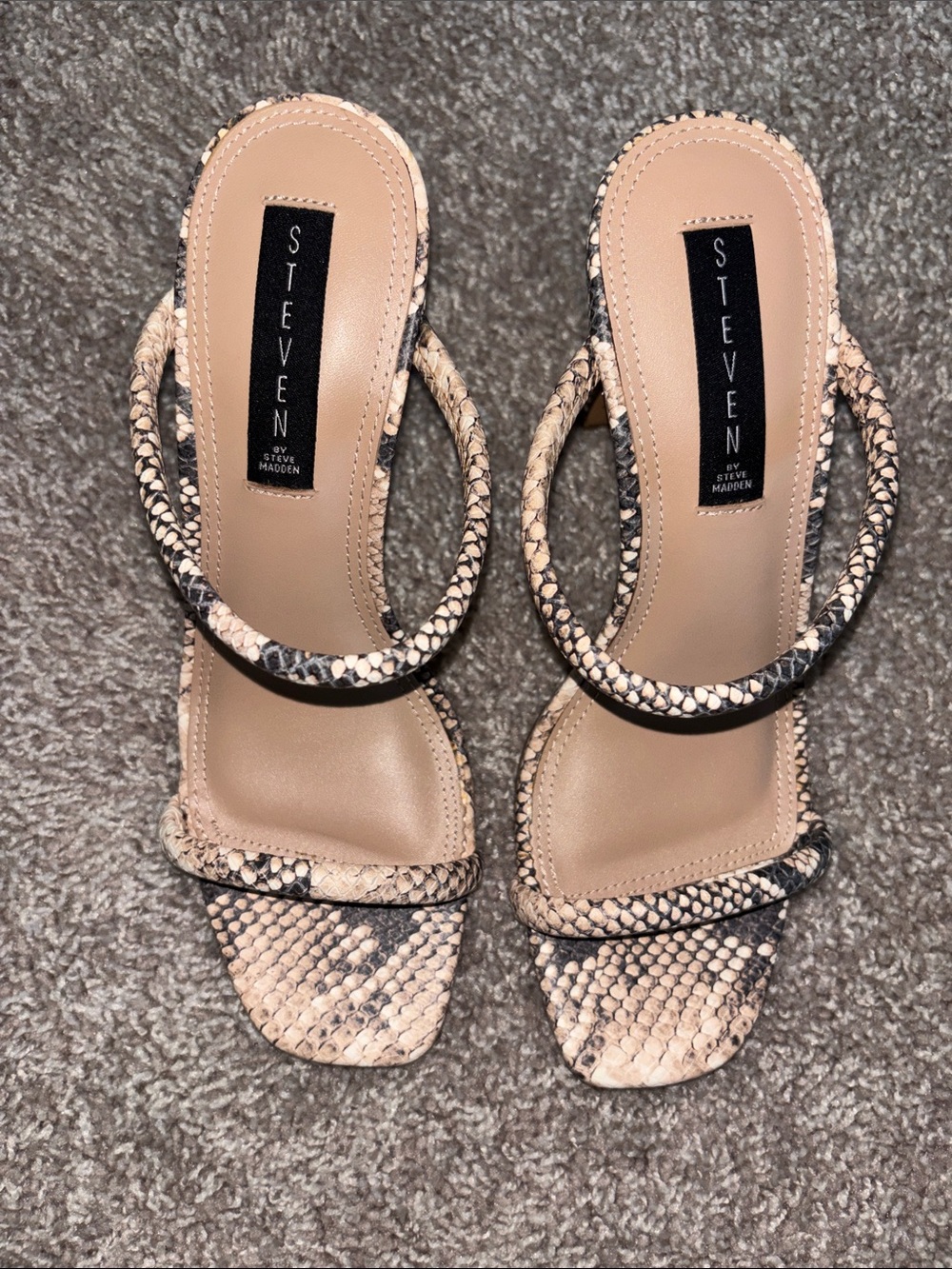 Steven by Steve Madden Beige and Black Snake-Print Strappy Heels